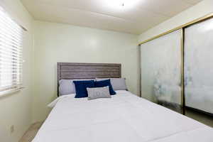 Carpeted bedroom featuring a closet
