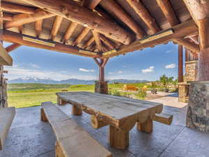 View of patio / terrace featuring a mountain view