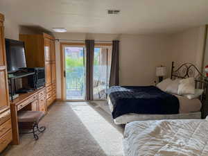 Bedroom featuring access to exterior, light carpet, and a textured ceiling