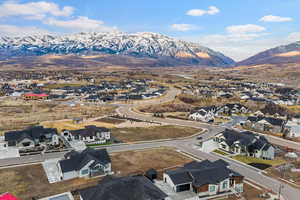 Aerial perspective of suburban area with mountains