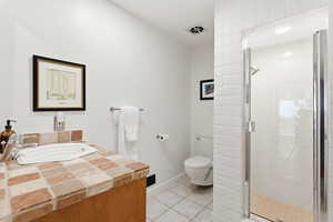 Full bath featuring a shower stall, light tile patterned floors, and vanity