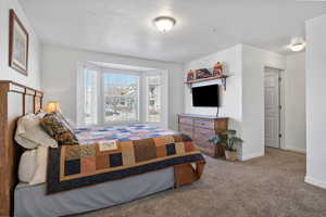 Bedroom with carpet floors and a textured ceiling