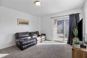 Living area featuring carpet flooring
