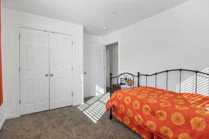 Carpeted bedroom with a closet