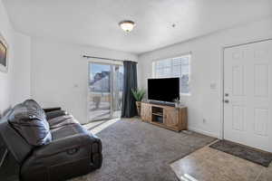 Living area featuring light colored carpet and a textured ceiling