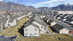 Aerial view of residential area with mountains