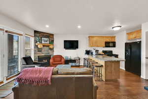 Living area featuring dark wood finished floors, a stone fireplace, and recessed lighting