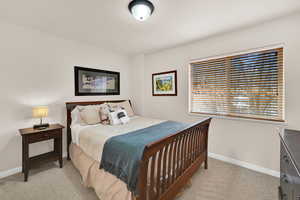 Bedroom featuring baseboards and light colored carpet