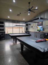 Playroom with billiards table, ceiling fan, and tile patterned floors