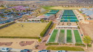 Drone / aerial view HOA bocce ball, lawn bowling, pickleball and tennis courts