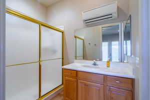 Casita Bathroom with a mini split for heating / cooling, vanity, and a shower stall