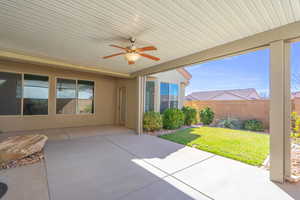 View of expanded patio / terrace featuring a ceiling fan
