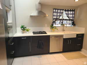 Kitchen with dark cabinets, stainless steel appliances, and modern cabinets