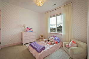 Carpeted bedroom with wallpapered walls and suspended lighting