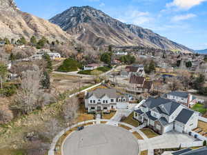 Aerial perspective of suburban area with a mountainous background
