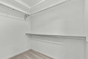 Walk in closet with light colored carpet
