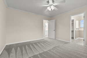 Unfurnished bedroom with ornamental molding, a spacious closet, ceiling fan, and light colored carpet
