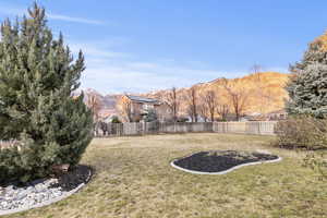 Fenced backyard featuring a mountain view
