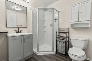 Bathroom with a shower stall, vanity, and dark wood-type flooring
