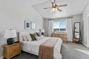 Primary bedroom featuring a ceiling fan, carpet, and vaulted ceiling