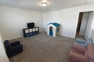 Living area featuring attic access and carpet flooring