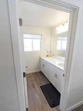 Bathroom with dark wood-style floors and vanity