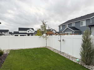 Fenced backyard featuring a residential view