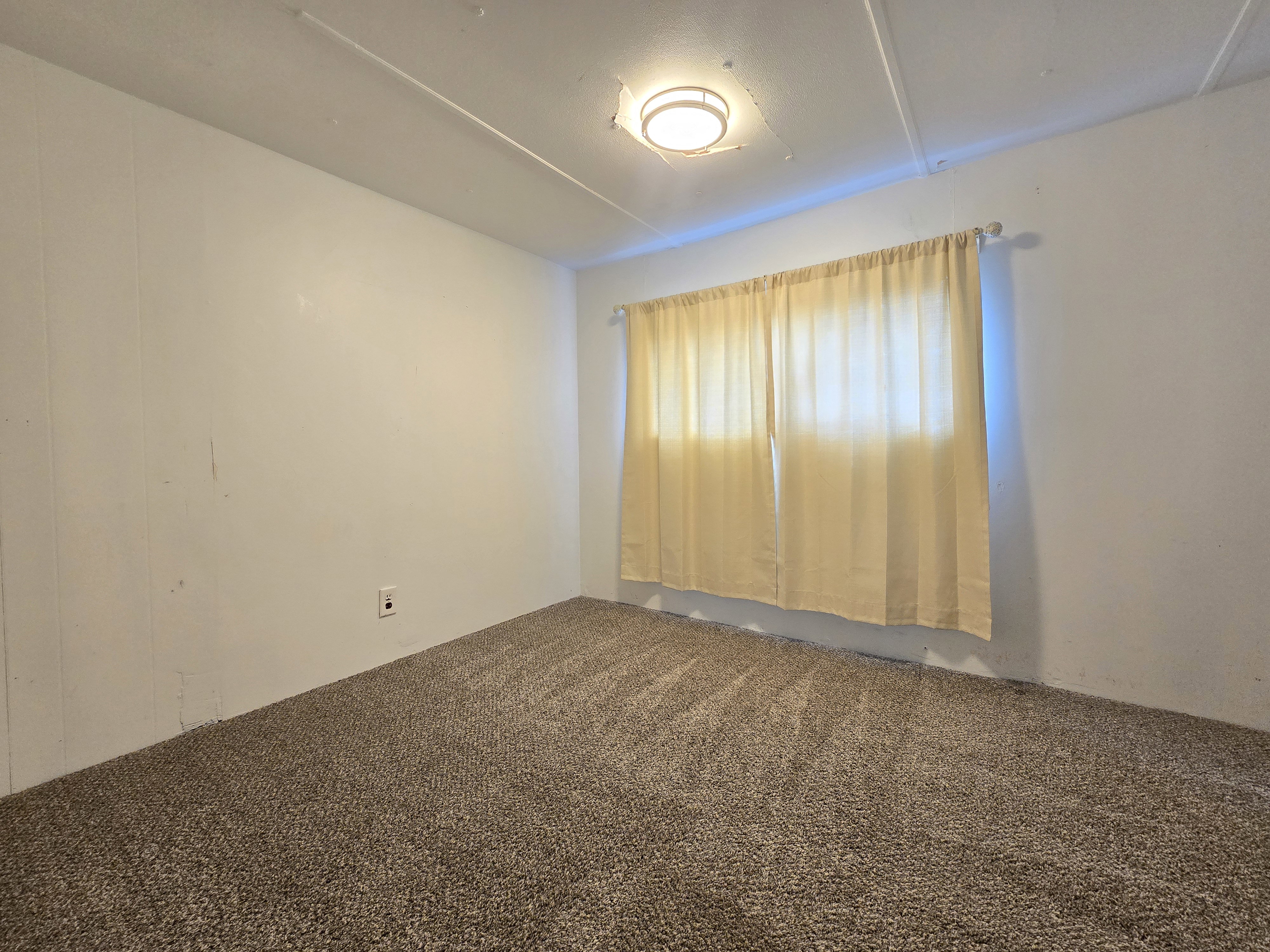 Neutral color palette interior with textured carpeting and a window featuring drapes
