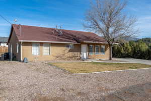 Back of house featuring stucco siding, roof with shingles, and a lawn