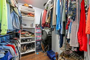 Walk in closet featuring dark wood-style floors