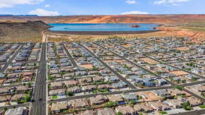 Aerial view of residential area with a water and mountain view