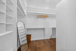 Walk in closet featuring dark wood-type flooring