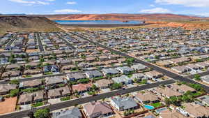 Aerial view of residential area with a water and mountain view