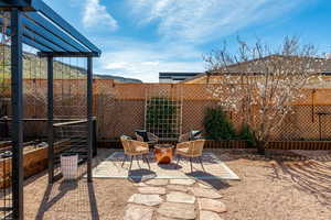 Fenced backyard featuring a patio and a pergola