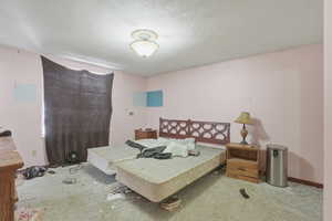 Bedroom with light colored carpet and a textured ceiling
