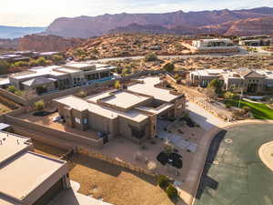 Aerial perspective of suburban area with mountains