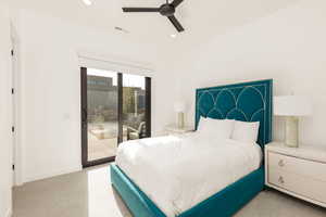 Bedroom with light colored carpet, access to exterior, a ceiling fan, and recessed lighting