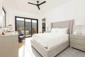 Bedroom featuring access to outside, ceiling fan, and recessed lighting