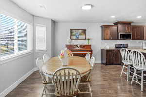 Dining room with dark wood-style floors and recessed lighting
