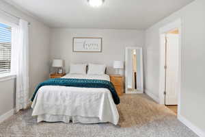 Primary Suite Bedroom with baseboards and light carpet