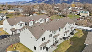 Aerial view of residential area with mountains