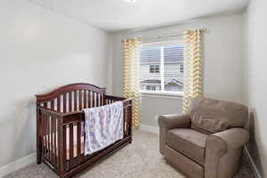 Bedroom featuring a nursery area and carpet