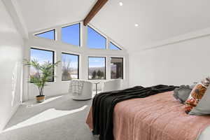 Carpeted bedroom featuring a mountain view