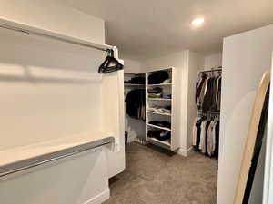 Walk in closet with dark colored carpet