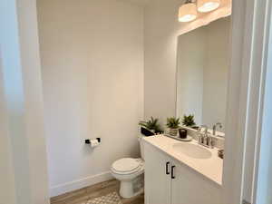 Bathroom featuring vanity and light wood-type flooring