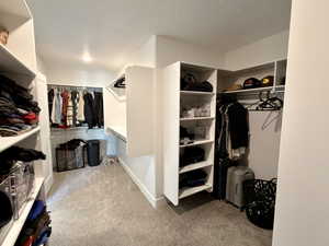 Walk in closet with light carpet