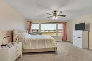 Primary bedroom with light carpet and a ceiling fan