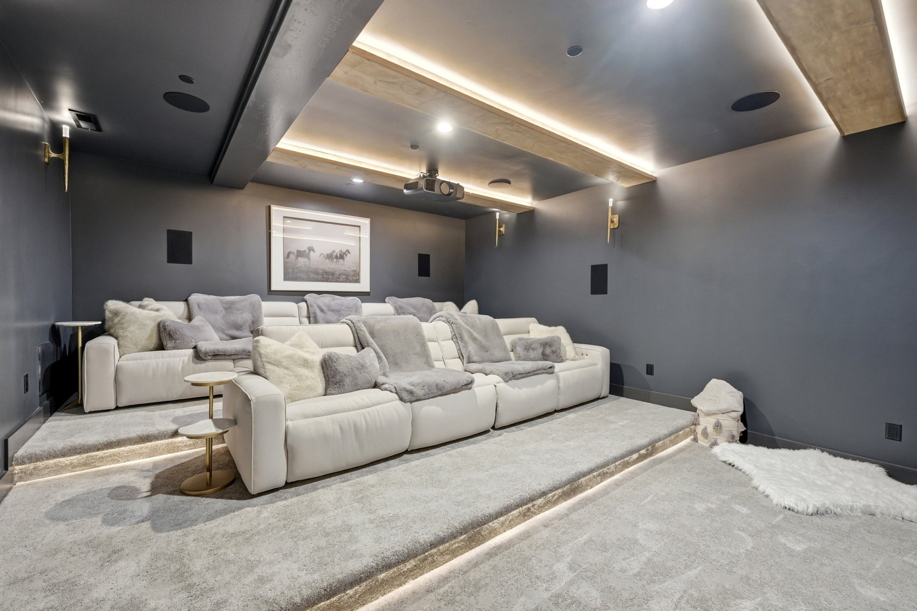Cinema featuring beamed ceiling, carpet flooring, and recessed lighting