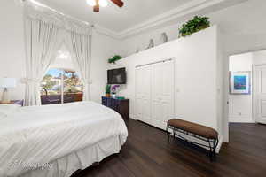 Bedroom featuring dark wood-style floors, access to exterior, ceiling fan, and a closet