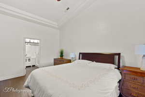 Bedroom featuring dark wood-style flooring, ensuite bath, and a ceiling fan